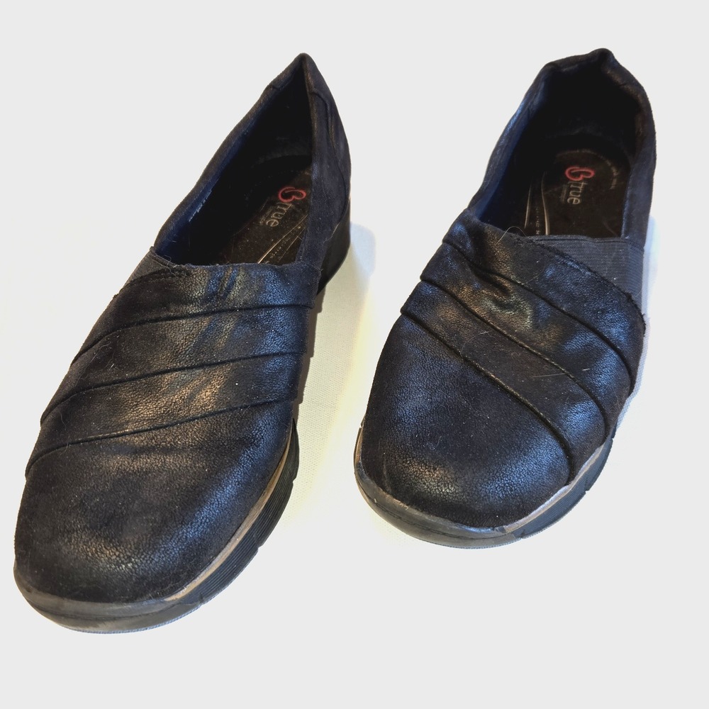 True Baretraps Gisela Black Low Wedge Slip On Comfort Womens Loafer Shoe 9